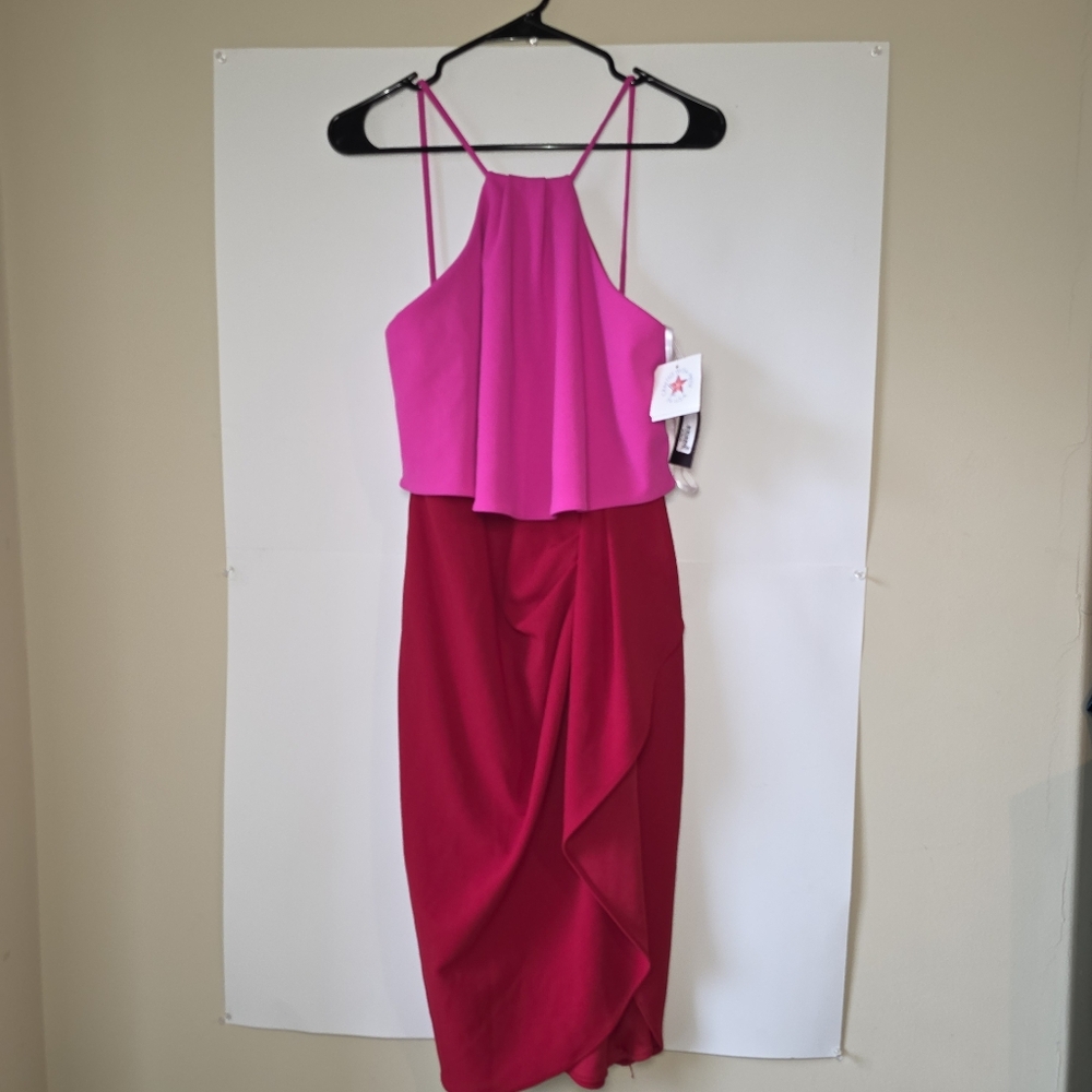 Betsy And Adam Halter Dress Pink Red Faux Wrap Sheath Suba Crepe Women 2